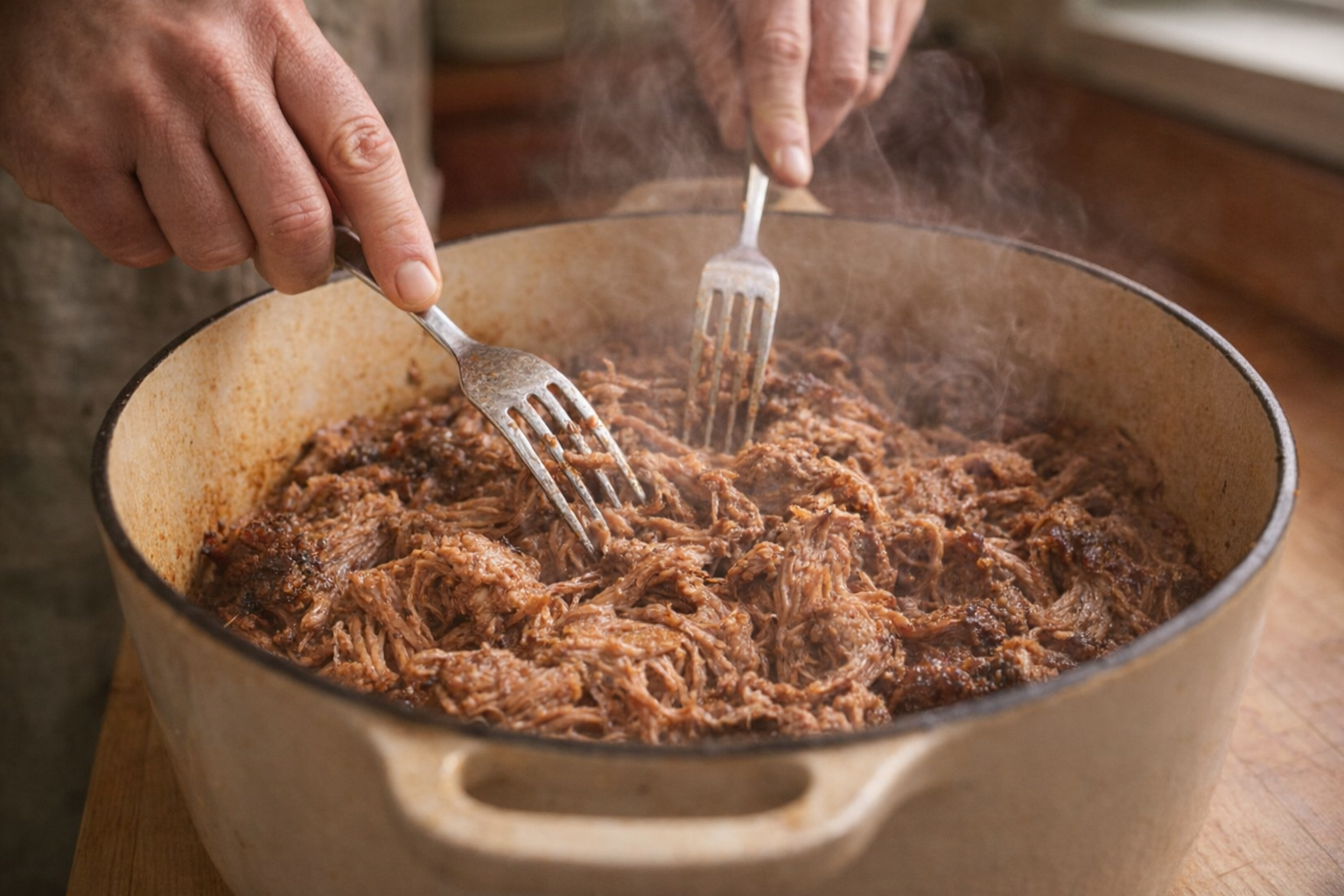 An action shot of pulled pork being shredded with two forks inside of a Dutch Oven, steam rising, warm lighting